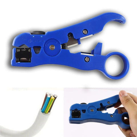 Universal Coax And Cat5 Cat6 Stripping Tool For RG59 RG6 RG7 RG11 Reversible Cassette with Blue Adjustable Blade in Hand