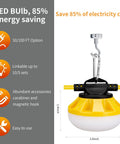 LED bulb with magnetic hook from 50ft LED Construction String Lights With 5 Heads 10W Per Lamp 5000lm Outdoor Work Light