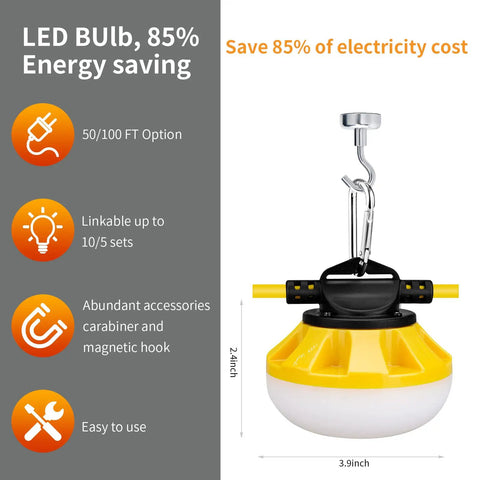 LED bulb with magnetic hook from 50ft LED Construction String Lights With 5 Heads 10W Per Lamp 5000lm Outdoor Work Light