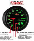 Front view of MaxTow Double Vision 100 PSI oil pressure gauge kit, black dial with green LED, 2-1/16 in (52 mm)