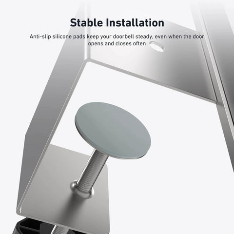 Close-up of No Drill Door Mount For Video Doorbell SE Ultra Pro with anti-slip pads, fits doors 0.82 to 2.08 inches thick.