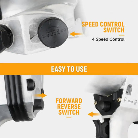 Close-up of 3/4 Inch Air Impact Wrench 13 Piece Kit controls, showing speed control and forward reverse switch for ease of use.