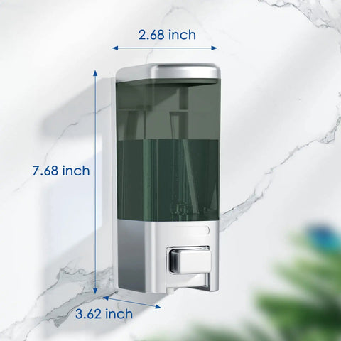 Robust Wall Mount Manual Soap Dispenser 17 Oz Large Capacity Refillable Pump For Kitchen And Bathroom Commercial Grade Rust Resistant Plastic Build with measurements.