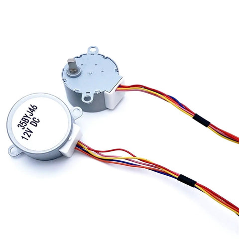 35BYJ46 Small DC Stepper Motor With Gearbox 5V 12V 24V Permanent Magnet showing wires and mounting points for robotic automation.