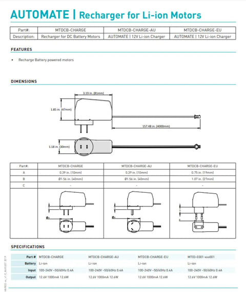 Diagram showing 12V Li Ion Battery Charger For Rollease Acmeda Automate Motors In Motorized Roller Shades With A Thirteen Point One Foot Lead