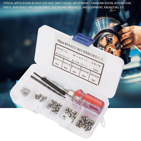 105 Piece Stainless Steel Threaded Inserts Repair Kit For Aluminum And Plastic, Wire Insert Installation Set open with tools