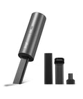 Slick Cordless Mini Handheld Vacuum With Killer Two In One Suction And Air Blaster Mode For Quick Car Detailing Keyboard Cleaning And No Sweat Dust Removal with attachments displayed.