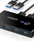 Two In Four Out USB 3.0 Switcher For Two Computers With Four Shared USB Ports, one button switch, includes two USB 3.0 cables