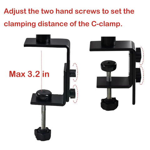 C-clamp adjustment on Heavy Duty Flex Shaft Rotary Tool Hanger Stand With Table Clamp, showing max 3.2 in distance.