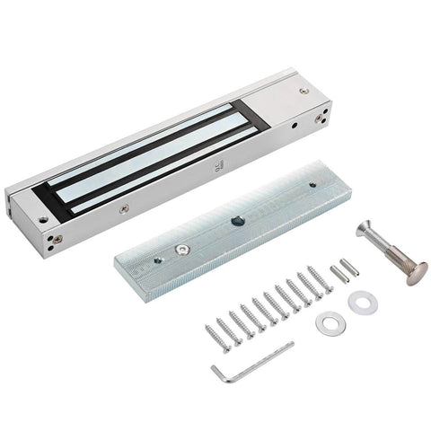 Heavy Duty Magnetic Lock With 600 Lbs Holding Force For 12V Access Control; silver aluminum lock and mounting hardware visible