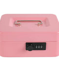 Steel Cash Box Safe With Combination Lock Pink Money Safe Box With Removable Coin Tray Medium Size 7.87 By 6.30 By 3.54 Inches Durable Steel Construction for home, office, or travel security.