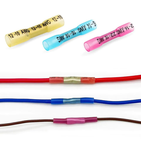 550 Piece Waterproof Heat Shrink Wire Connectors Kit For Automotive Electrical Projects Includes Butt Fork Ring And Spade Crimp Terminals In 22 To 10 AWG Easy Color Coded Tubes For Quick No Fuss Crimping And Reliable Seals shown with color-coded connectors and wires.