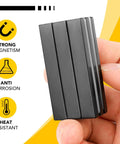 Neodymium magnetic bar (DIYMAG) in black, 2.36 x 0.39 x 0.12 in, held by fingers