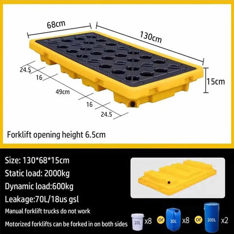 Heavy Duty Polyethylene Spill Containment Tray For Oil Drums With Drain, Industrial Stackable Spill Pallet, 130x68x15 cm, yellow
