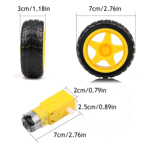 Smart Car Robot Plastic Tire Wheel Set With DC 3-6V Gear Motor, 65x27mm wheels and dimensions for DIY robot projects.
