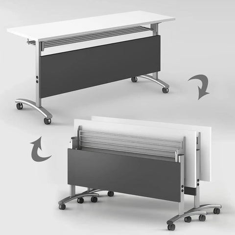 Game Changer Folding Mobile Conference Table With Privacy Panel And Heavy Duty Locking Casters Flexible Workstation Setup For Home Office Or Classroom Use In Packs Of Four Tables, shown in folded and unfolded positions.