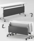 Slick Folding Mobile Conference Table With Privacy Panel And Locking Casters Adjustable Office Workstation for Tight Spaces, folding position.