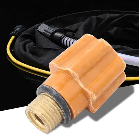 Top Notch 5 Pc QQ150 TIG Welding Torch Consumables Set Featuring Durable Plastic Housing And Reliable Brass Bolt For Easy Long Or Short Back Cap Replacement That Ensures High Heat Resistance And Super Smooth Installation with an orange plastic back cap.