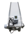 Beefy PU Belt Conveyor With Aluminum Frame 59 Inch Length And 11.8 Inch Width, adjustable height, white belt, control panel visible