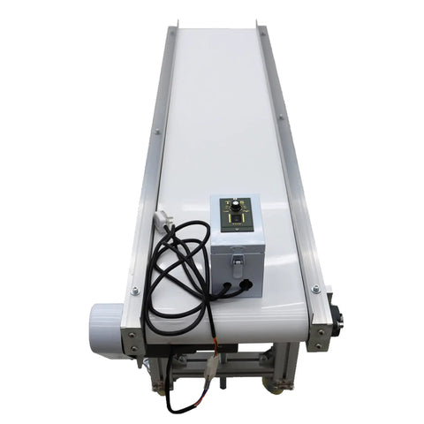 Beefy PU Belt Conveyor With Aluminum Frame 59 Inch Length And 11.8 Inch Width, adjustable height, white belt, control panel visible