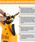Close-up of a Three Eighths Inch Right Angle Drill 3.8 Amp Corded Power Drill With Variable Speed showing bit installation.