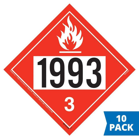 Ten Pack Class 3 Flammable Liquid Hazmat Placards, 10.75 By 10.75 Inches, Permanent Self Adhesive Vinyl, DOT Hazmat Compliant UN 1993, Pre Numbered Identification Symbols For Shipping