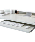 Under Desk Keyboard Tray Pull Out Drawer With Buttery Smooth Glide Rails Height Adjustable Ergonomic Mouse Pad Shelf Major Work From Home Upgrade Quick Plug And Play Install showing keyboard and mouse hidden beneath desk.