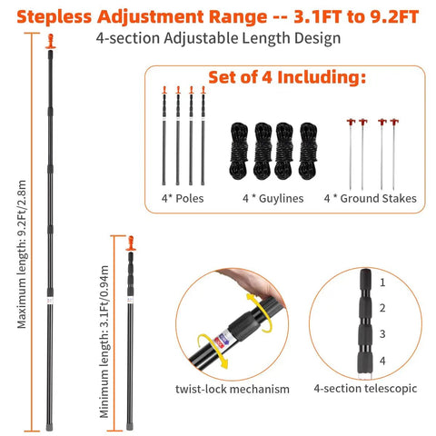Heavy Duty Telescoping Tarp Poles Set Of Four Four Section Adjustable From 3.1 Ft To 9.2 Ft Aviation Aluminum with stakes and guylines.