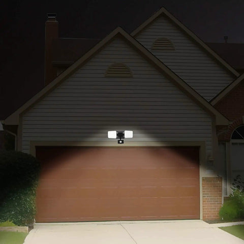 Outdoor Plug In Motion Sensor Light Waterproof Easy Install 20W 1800LM 5000K Daylight Dual Head LED Security Floodlight illuminating garage