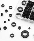 200 Piece Rubber Grommet Wiring Kit With Eight Size Assortment For Wiring Protection, Durable Flexible Rubber Grommets shown in a box
