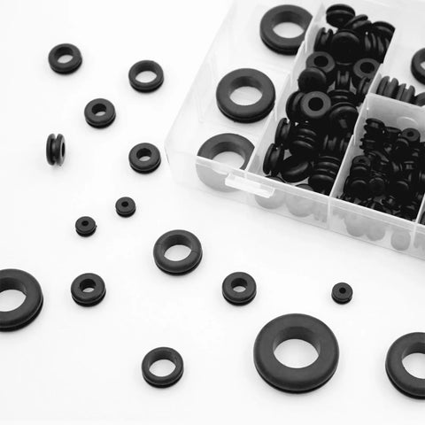 200 Piece Rubber Grommet Wiring Kit With Eight Size Assortment For Wiring Protection, Durable Flexible Rubber Grommets shown in a box