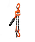 Pro Level Smooth Operator Mini Lever Chain Hoist Half Ton Ratchet Block With 5 Foot G80 Chain Heavy Duty Puller shown from side with black handle.