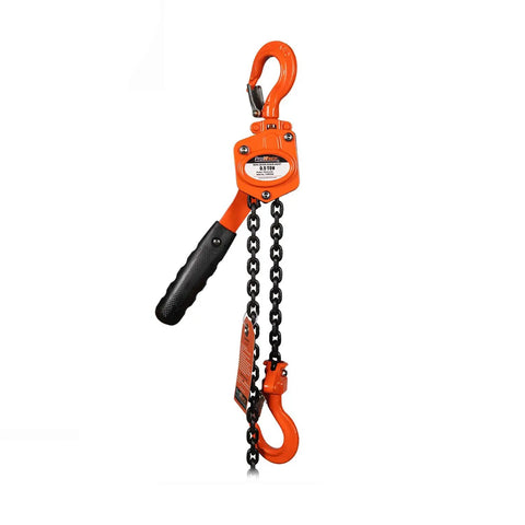 Pro Level Smooth Operator Mini Lever Chain Hoist Half Ton Ratchet Block With 5 Foot G80 Chain Heavy Duty Puller shown from side with black handle.