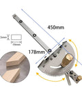 Rock Solid Upgraded Miter Gauge With 27 Tight Angle Stops And Smooth Adjustable Aluminum Head, showing dimensions and adjustments.