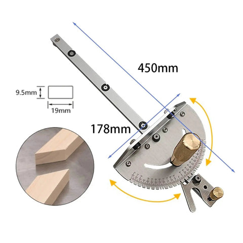 Rock Solid Upgraded Miter Gauge With 27 Tight Angle Stops And Smooth Adjustable Aluminum Head, showing dimensions and adjustments.