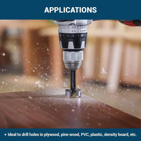 Carbon Steel Forstner Drill Bit For Woodworking Delivers Dead Nuts Accurate Cuts And Splinter Free Holes On Hard Wood MDF Plywood drilling into plywood with flying wood shavings.