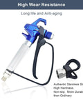 Professional Grade Airless Paint Sprayer Delivering Badass 3600 Psi Output Through A Reversible 517 Nozzle, blue trigger gun and stainless steel connector.