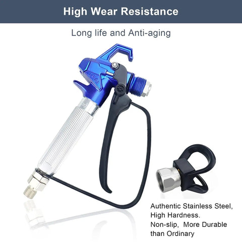 Professional Grade Airless Paint Sprayer Delivering Badass 3600 Psi Output Through A Reversible 517 Nozzle, blue trigger gun and stainless steel connector.