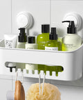 Shower Caddy No Drilling Suction Cup Organizer Removable Heavy Duty Shelf Holds Up To 22 Lbs with toiletries installed on tile wall.