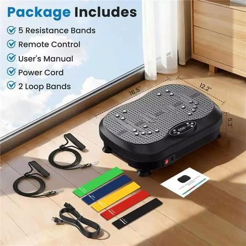 Package includes for Vibe Plate Vibration Exercise Machine For Lymphatic Drainage 200 Levels, accessories displayed.