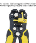 Close-up of Compact ABS Cable Stripper Crimping And Cutting Tool Easy Grip Ergonomic Handle showing stainless steel spring mechanism.
