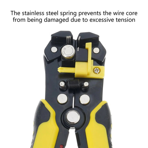 Close-up of Compact ABS Cable Stripper Crimping And Cutting Tool Easy Grip Ergonomic Handle showing stainless steel spring mechanism.