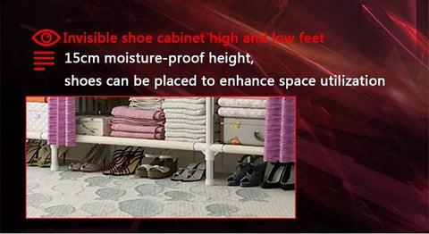 Portable Hanging Closet Wardrobe Organizer With Heavy Duty Fabric Build And Slick Quick Setup For Shoes Hats And Coats A Premium Space Saving Storage Rack In Bright Yellow Finish showcasing shoes stored under a moisture-proof height cabinet.