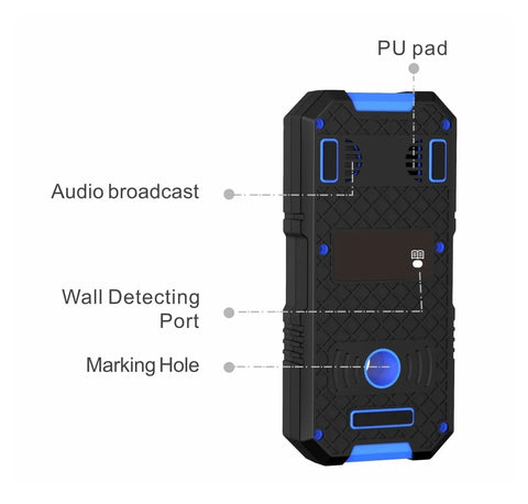 Beefy Stud Finder Wall Scanner Backlit Lcd Screen showing audio broadcast, wall detecting port, and marking hole features.