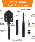 Foldable Camping Shovel With 30.4 Inch High Carbon Steel Build, Portable 10-In-1 Multi Tool Entrenching Tool parts displayed.