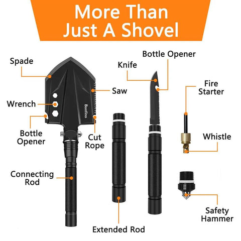 Foldable Camping Shovel With 30.4 Inch High Carbon Steel Build, Portable 10-In-1 Multi Tool Entrenching Tool parts displayed.