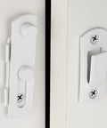 Two Pack White Stainless Steel Barn Door Latches For Gate And Sliding Doors Flip Bi-Fold Lock Antique Style Suitable For Wine Cabinets And Closets Durable Rust-Resistant Finish Small White Size installed view