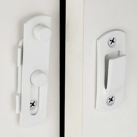 Two Pack White Stainless Steel Barn Door Latches For Gate And Sliding Doors Flip Bi-Fold Lock Antique Style Suitable For Wine Cabinets And Closets Durable Rust-Resistant Finish Small White Size installed view