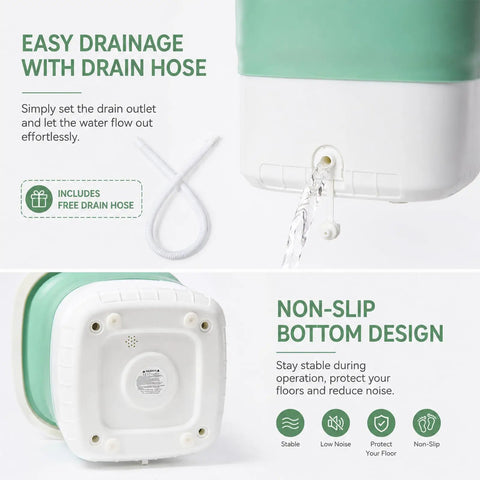 Compact Portable Foldable Washer With Amped Up Motor And Three Wash Cycles showing easy drainage with drain hose and non-slip bottom.