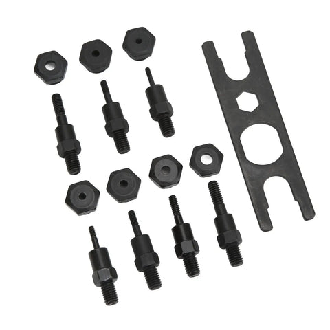 All In One Manual Hand Rivet Nut Tool Kit With Interchangeable Mandrels M3 M4 M5 M6 For Auto Body And Marine Projects, shown with nuts and wrench